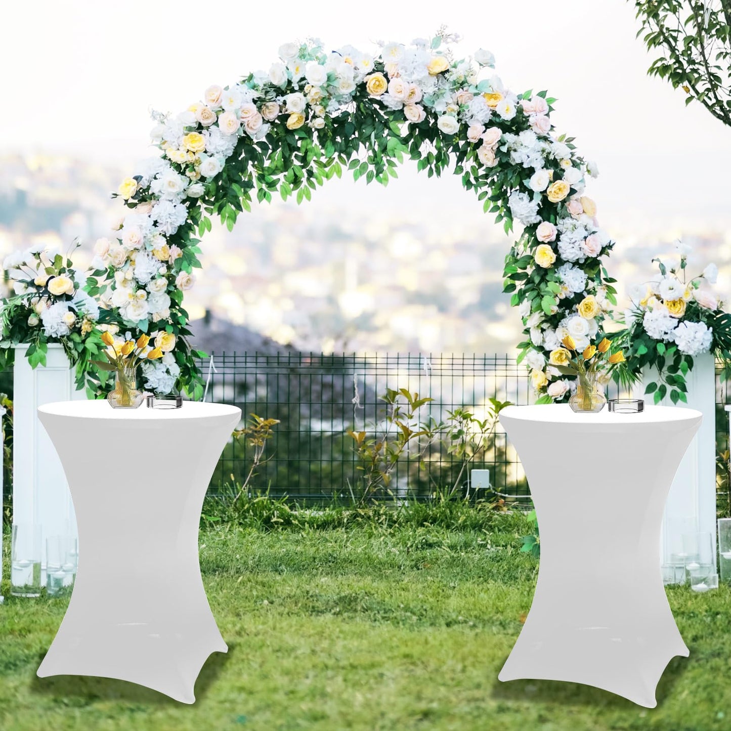 THESEATOP 2Sets 32in Hightop Folding Cocktail Tables+Covers, White-Spandex Stretch Folding Bar Table Covers, Removable Legs Bar Height Folding Table Outdoor Indoor Use (2+2White/2Covers+2Tables)