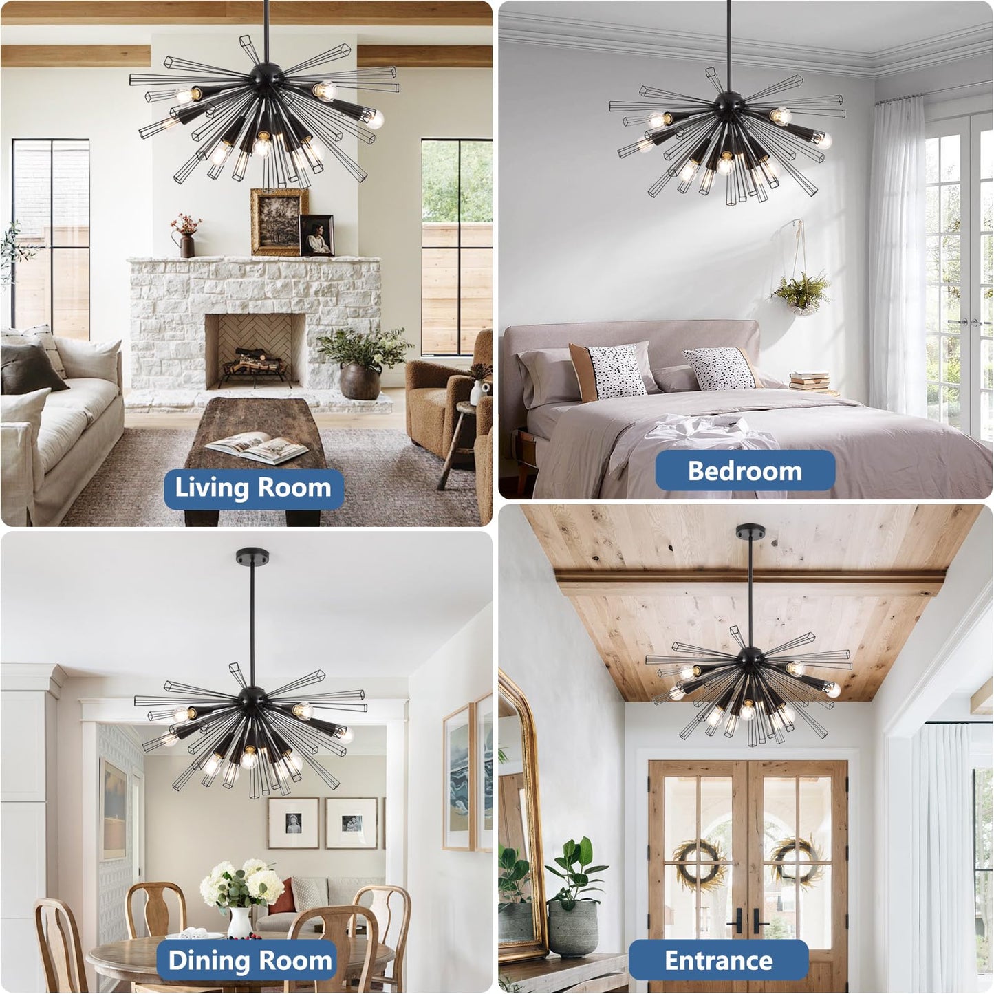 9MMML Black 10-Light Sputnik Chandelier, Farmhouse Pendant Light Fixture with 48'' Height Adjustable Hanging Pole, 34'' Large Chandelier for Living Room, Dining Room, Kitchen, Bedroom, E26 Base