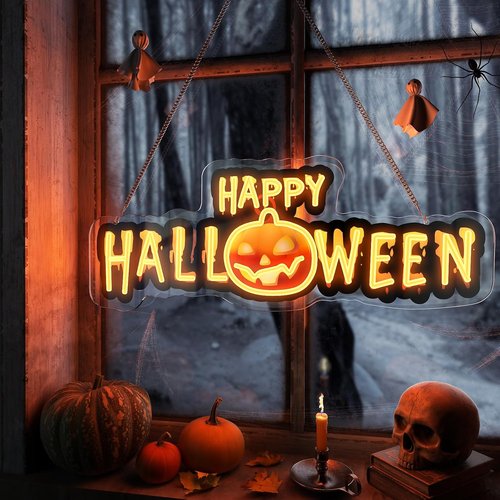 Happy Halloween Neon Sign - Dimmable Black & Orange LED Light for Spooky Party Decor
