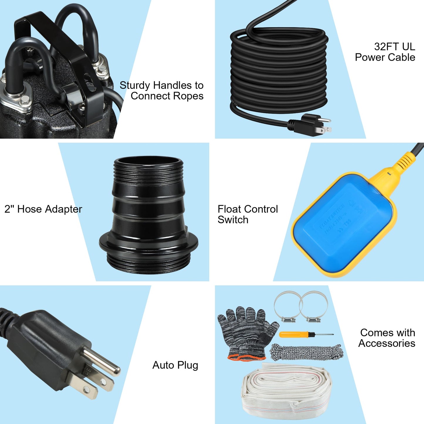 Sewage Grinder Pump, 1HP Submersible Sump Pump, 110V 6400GPH Stainless Steel Effluent Pumps with Automatic Float Switch, 2'' NPT Discharge for Basement, Sump Basin, Sewage Well