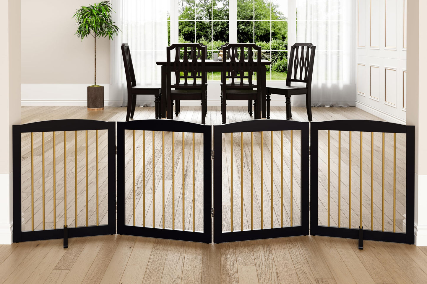 PUPETPO Freestanding Pet Gate for Dogs, Foldable Wooden Dog Gate for House, Indoor Dog Gate for Stairs, Doorways, Step Over Pet Puppy Safety Fence, 80 Inch Wide, 4 Panels 24", Black & Gold