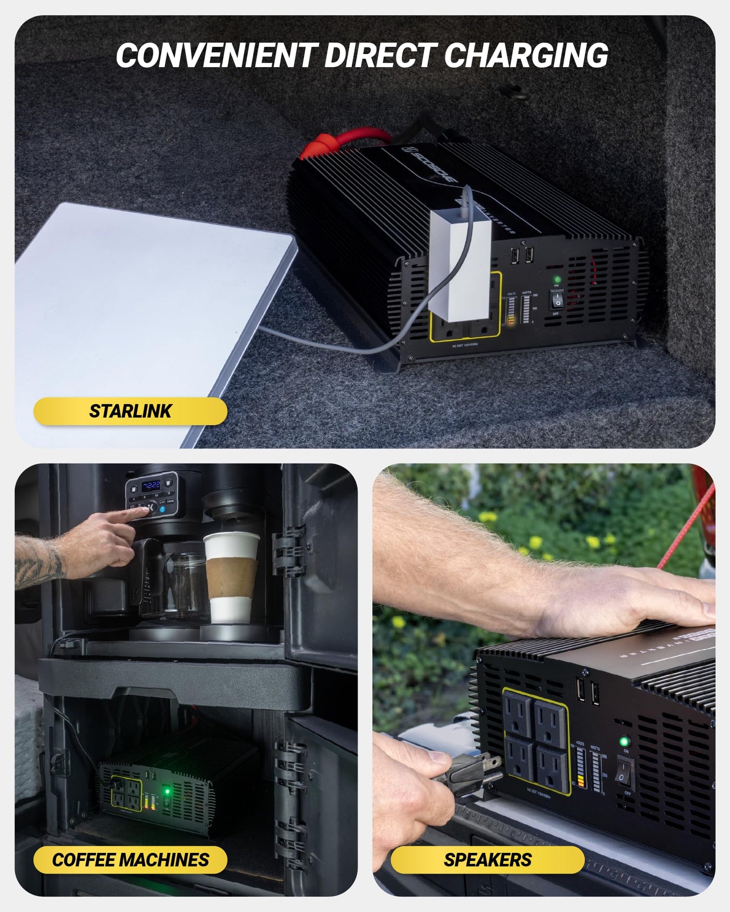 Scosche 3000W Modified Sine Wave Power Inverter, 12V DC to 120V AC Converter, 6000W Peak, 4 AC Outlets, Dual USB-A Ports, LED Indicator Light for Truck, RV, Semi-Truck, Home, Off-Grid Battery Systems