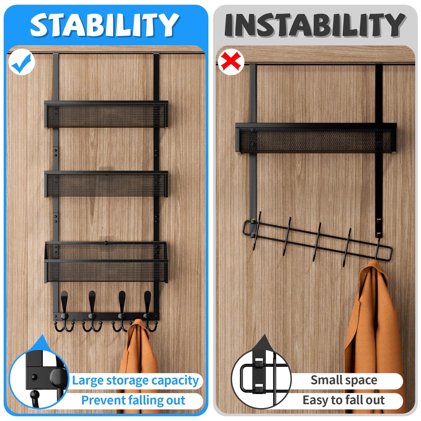 Kaiferty Over The Door Hooks Organizer, Coat Rack Over The Door Storage Hanger Towel Rack, Back of Door Storage Organizer for Bathroom,Bedroom,Kitchen,Office (Black, 4-Tier)