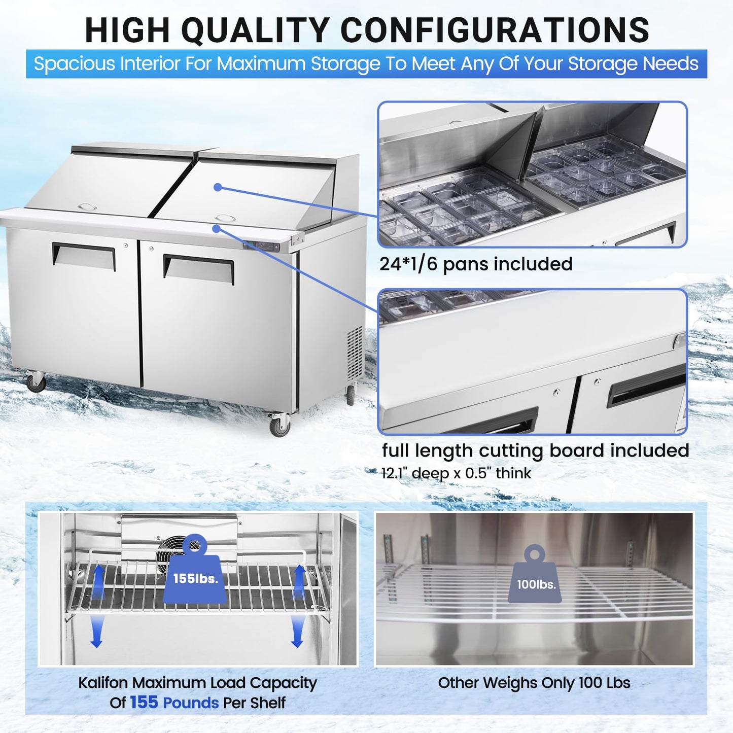 kalifon 60" W 2 Door Refrigerator Sandwich Salad Prep Table Commercial Stainless Steel Fan Cooling Refrigerator with Cutting Board, 2 Shelves & 24 Pans for Restaurant, Bar, Shop-16.4 Cu.ft