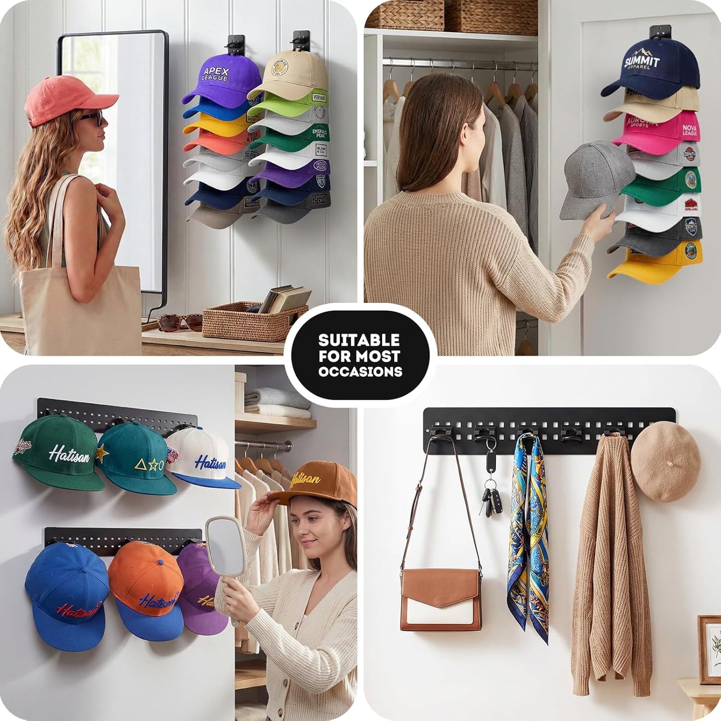 Skiennix Hat Organizer - 2 Pack Detachable DIY Rack for Up to 22 Baseball Caps | Black Wall Holder