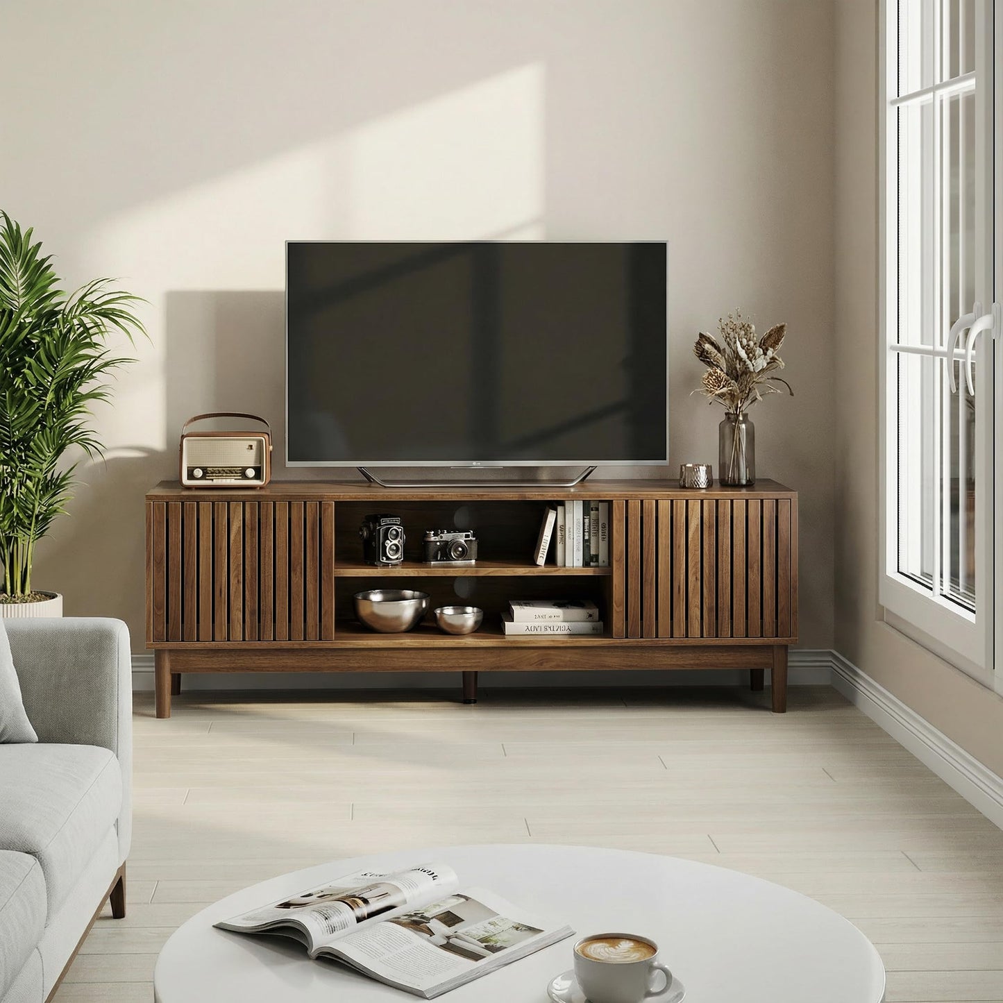 KEIKI 55" Mid-Century Modern TV Stand for 55–65 Inch TVs, Wood Entertainment Center with Slatted Doors, Storage Console with Cable Management for Living Room, Bedroom (Oak)