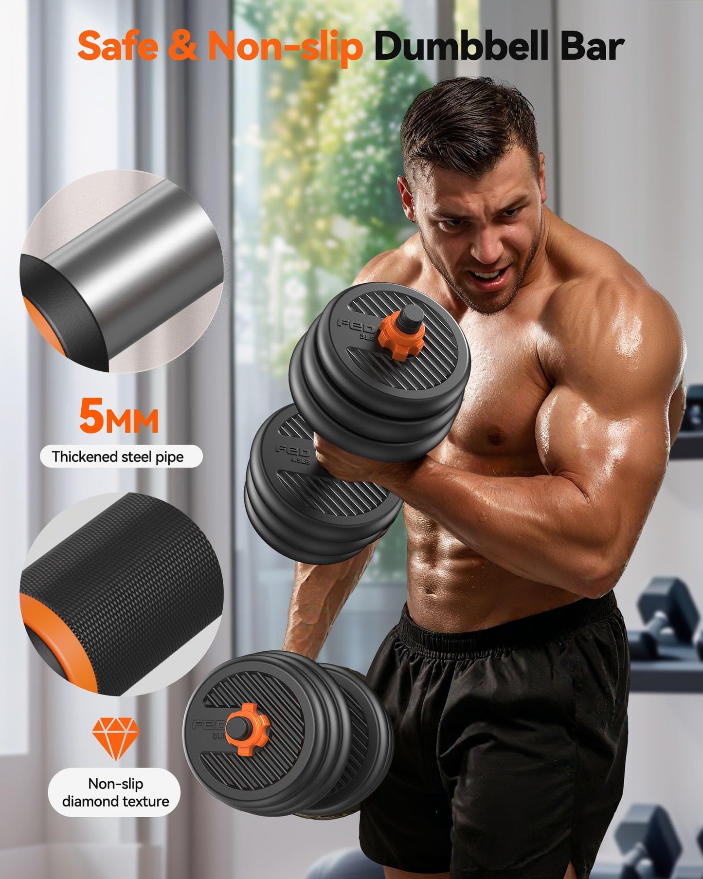 FEIERDUN Adjustable Dumbbells, 50lbs Free Weight Set with Connector, 4 in1 Dumbbells Set Used as Barbell, Kettlebells, Push up Stand, Fitness Exercises for Home Gym Suitable Men/Women