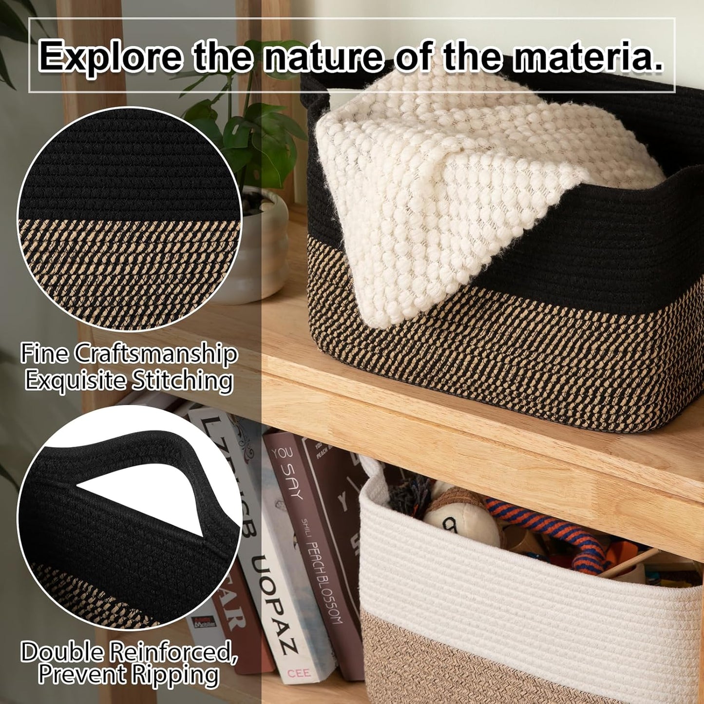 OIAHOMY Woven Storage Basket - Rectangle Cotton Rope Organizer for Toys, Towels & Books | 13 x 10 x 9 in, Black & Brown