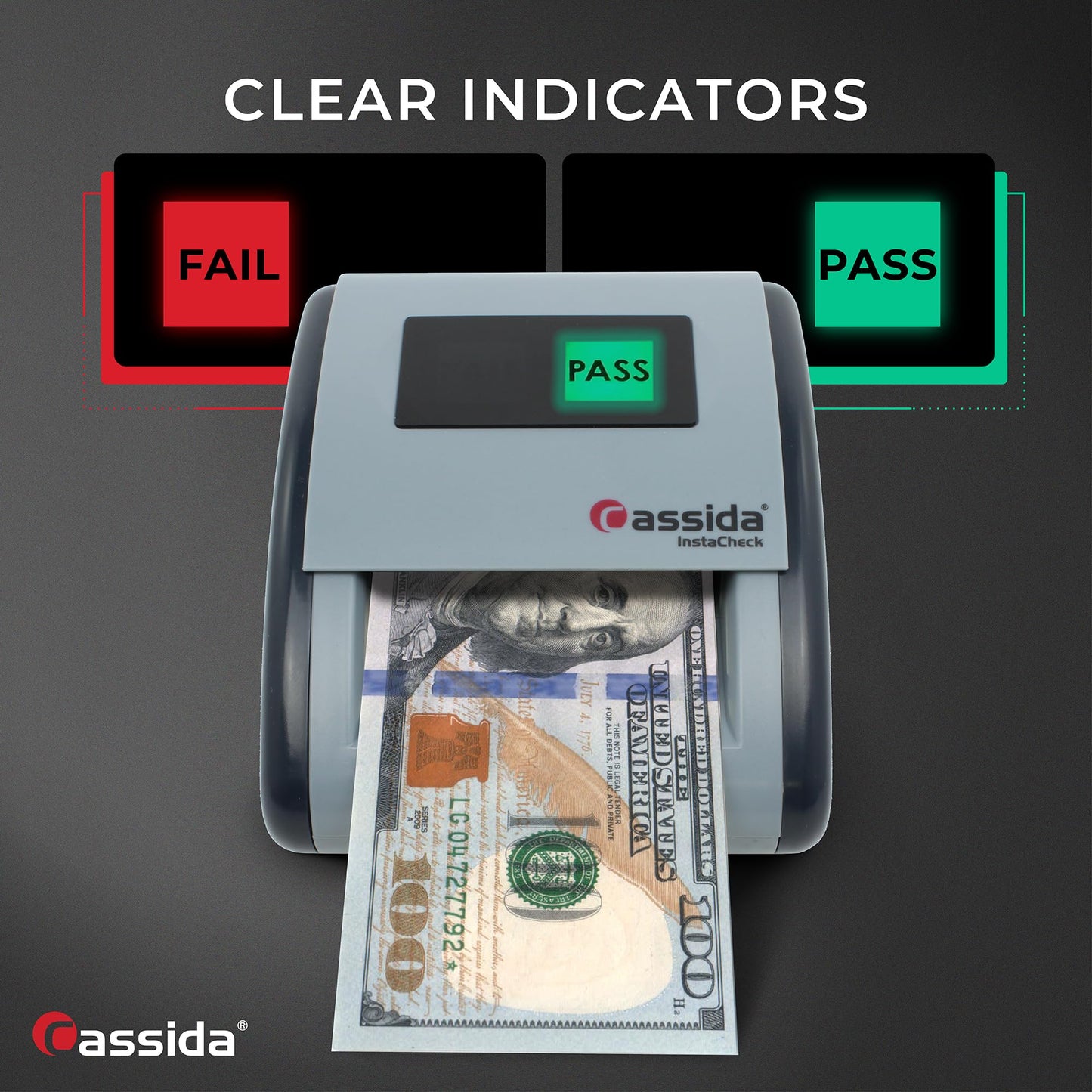 Cassida InstaCheck Small Footprint, Easy to Read Automatic Counterfeit Detector with Infrared, Magnetic and Ultraviolet Sensors, Compact and Lightweight Grey 11-3/4" x 9-1/2 (Pass/Fail)