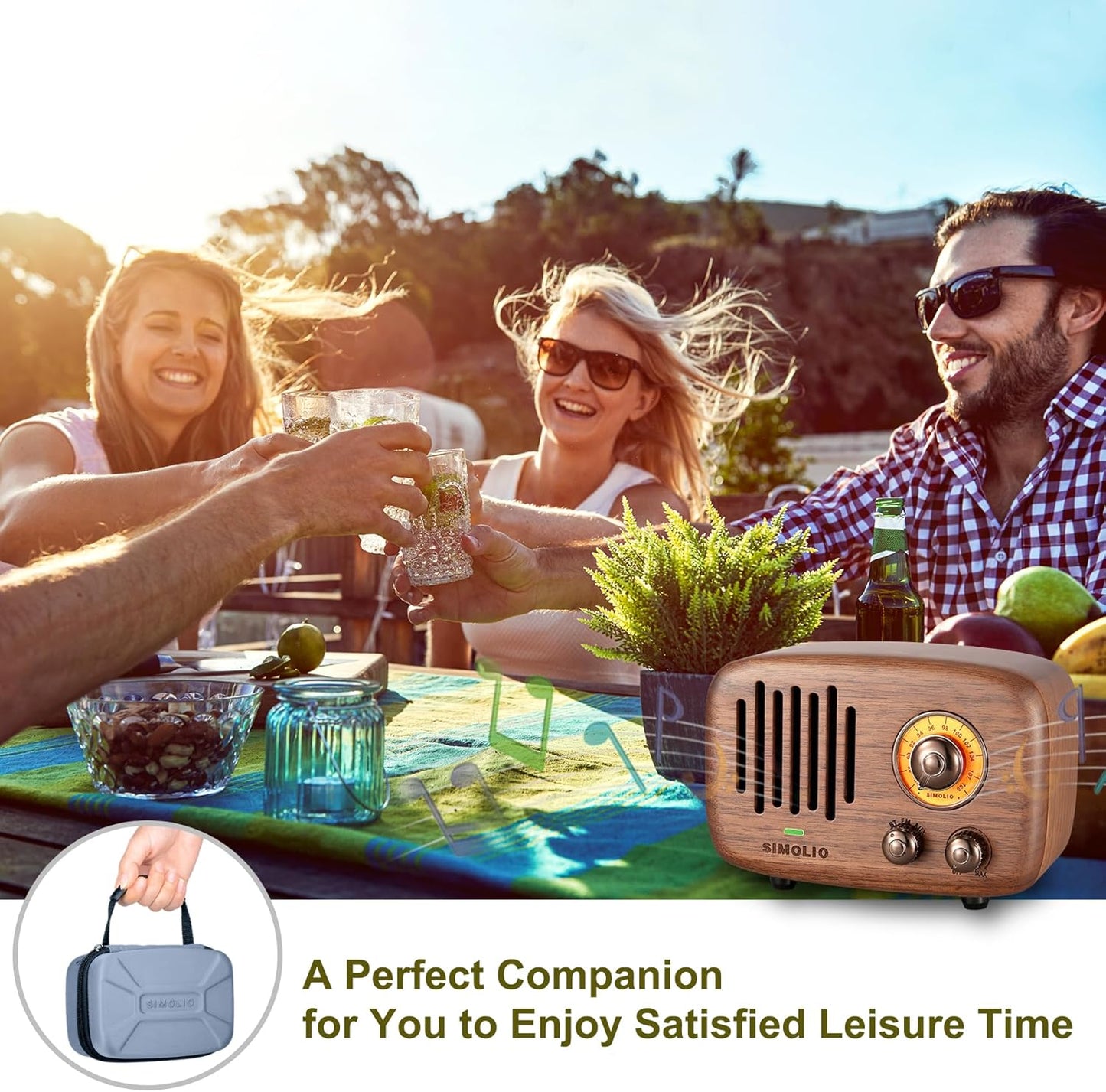 SIMOLIO Retro Bluetooth Speakers with Loud HD Sound, Nature Black Walnut Vintage Style Wooden Speaker with FM Radio