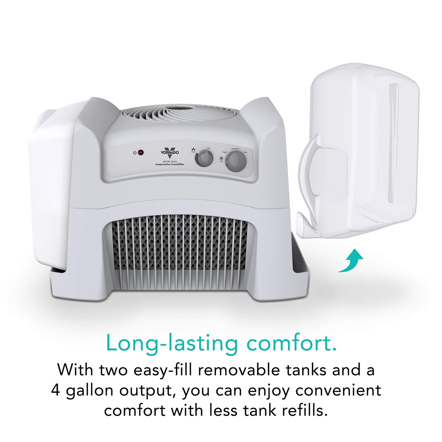 Vornado Evap40 Evaporative Humidifier with Adjustable Humidistat, 4-Gallon Capacity for Large Room Coverage up to 1,000 sq ft, 3 Speed Settings, Easy to Clean Dual Tank