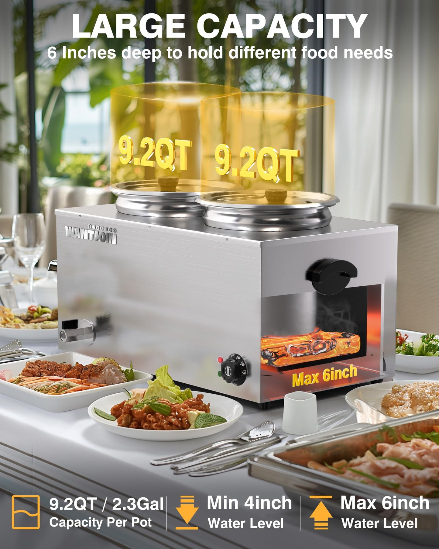 WantJoin Soup Warmer Commercial - 20 QT Stainless Steel Bain Marie Round Pot 86~185°F Adjustable Temp, 1500W Electric Steam Table Countertop,Anti-Dry Burn Reset Button for Restaurant, Buffet