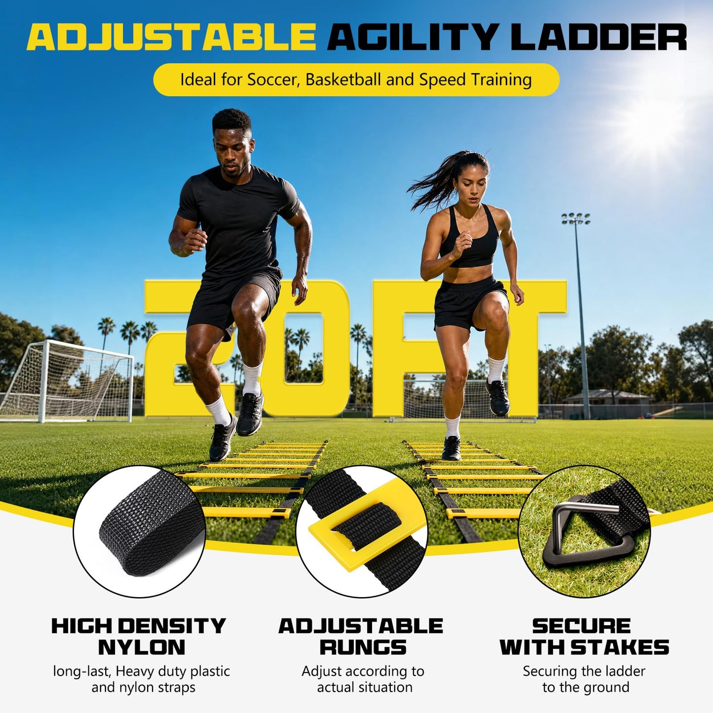 2 Pack 20ft Agility Ladder Set, 40ft Total Adjustable Speed Ladder with 12 Cones, 8 Stakes, 1 Carry Bag - Parallel Footwork Drills Gear for Football Soccer Basketball Training Equipment (Yellow)