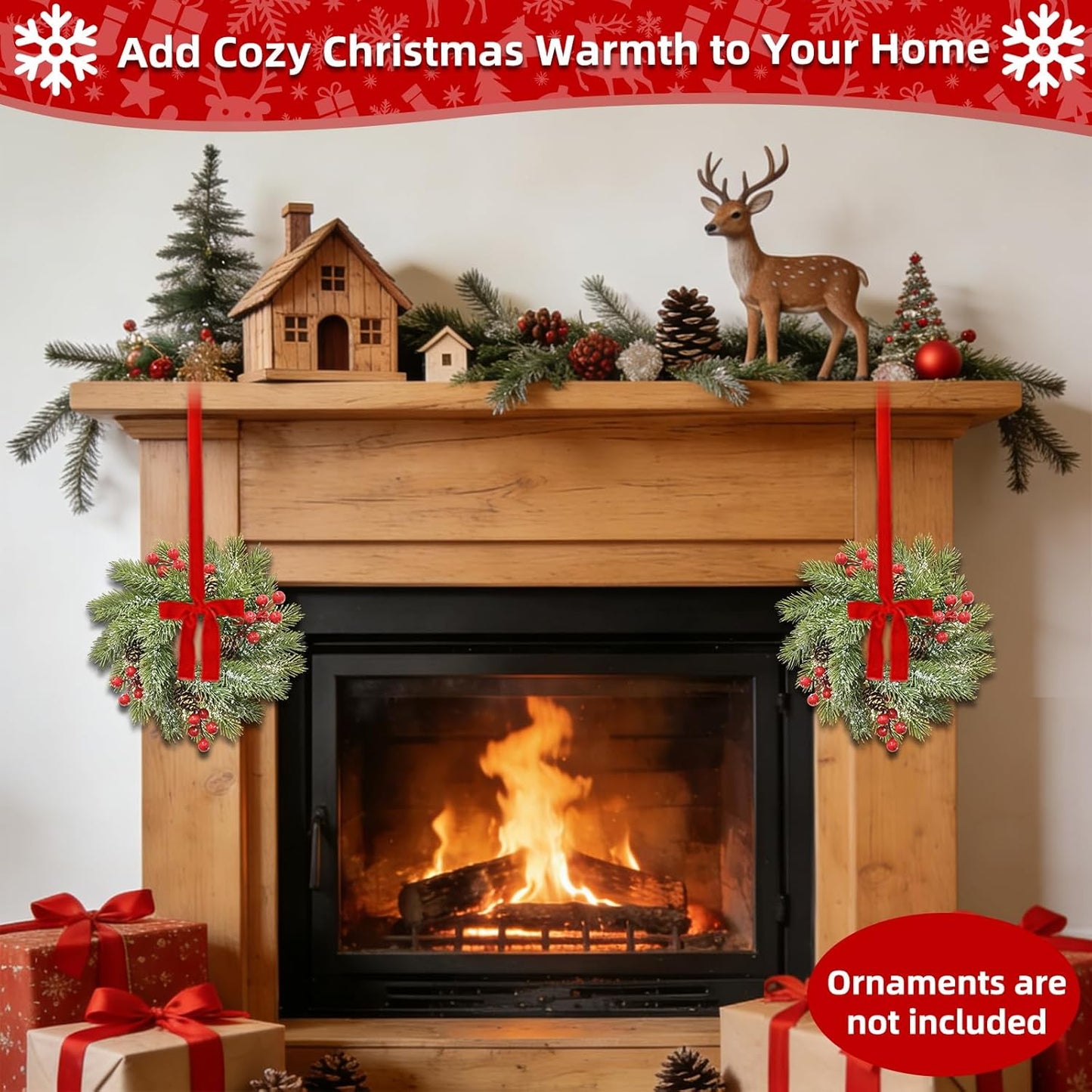 Skiennix Christmas Candle Rings - 4 Pcs Flocked Pine & Red Berry Wreaths for Festive Home Decor