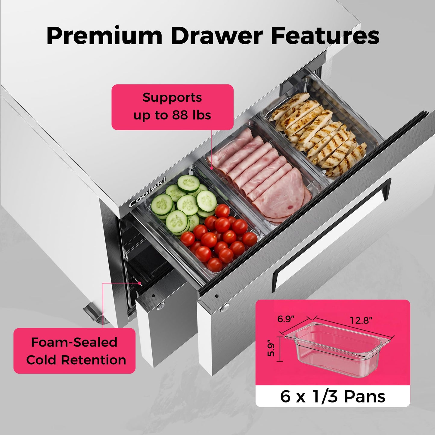 Coolski 27”W Commercial Undercounter Refrigerator with Drawers, 5.2 Cu.ft. Freestanding Stainless Steel with 6 Pans, 2 Drawers Under Counter Worktop Fridge for Restaurant, Bar, Shop, Kitchen Use