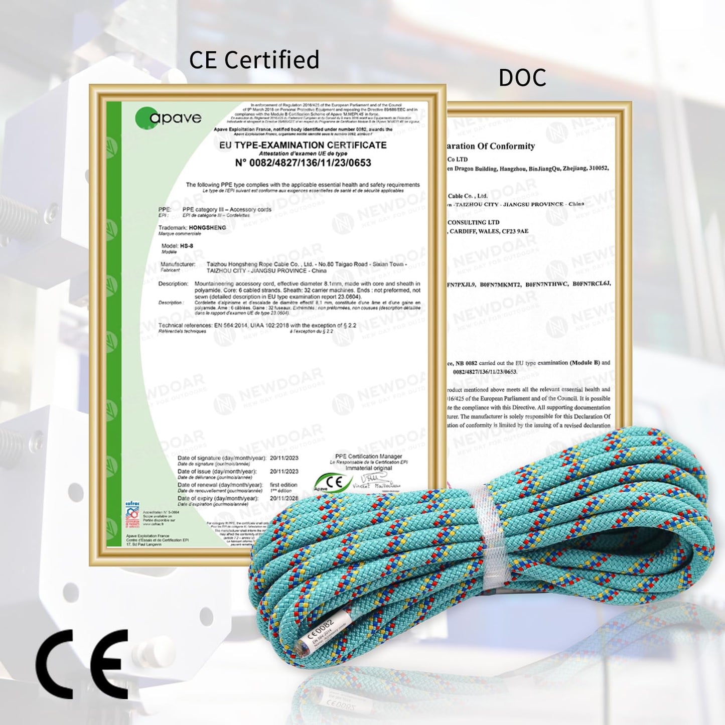 NewDoar CE & UIAA Certificated 5/16in(8mm) Static Climbing Rope 14KN High Strength Accessory Cords Safety for Rock Climbing, Outdoor Survival, Hiking, Mountaineering-Blue/66FT