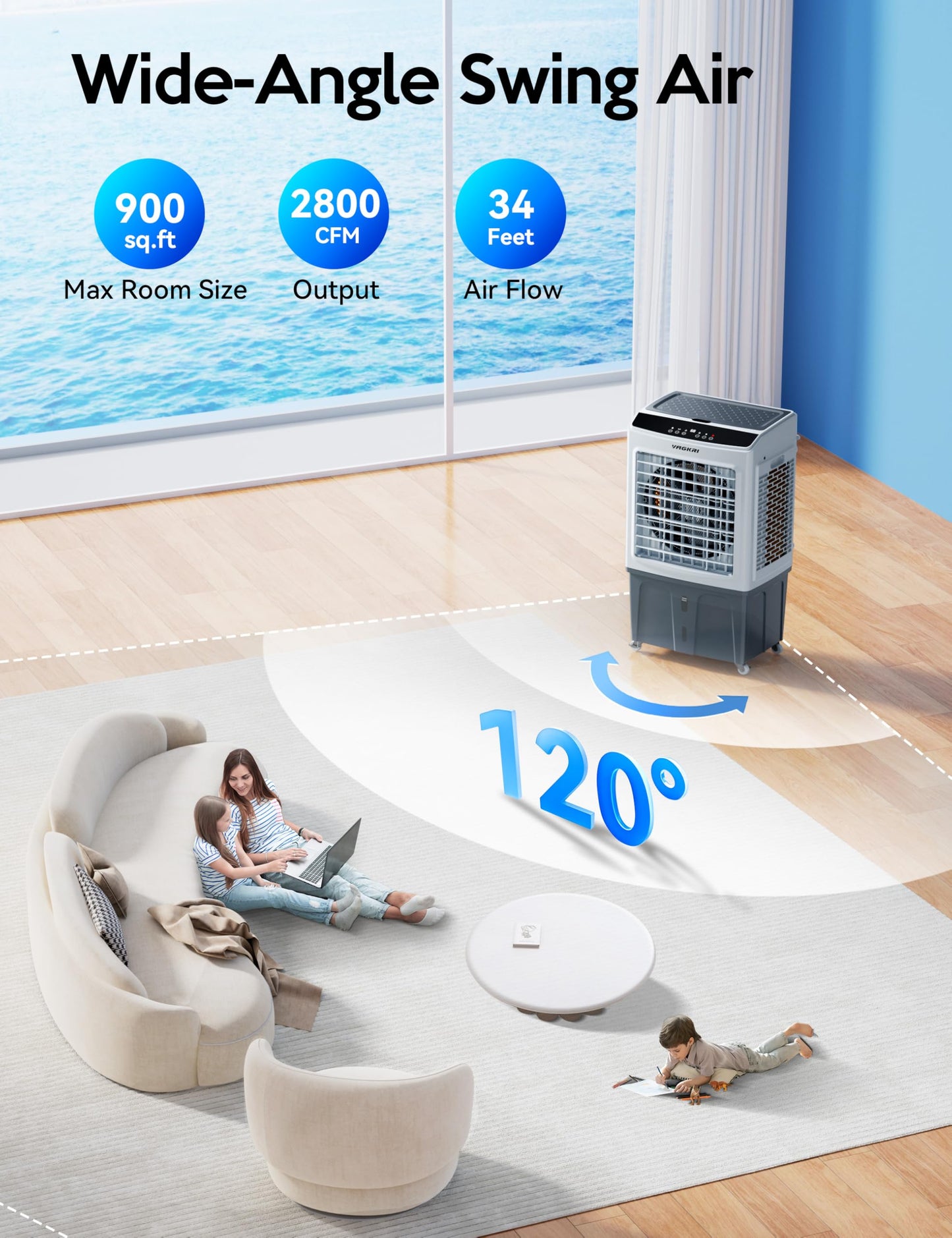 VAGKRI 35" Evaporative Air Cooler, 2800CFM Swamp Cooler, 120°Oscillation Air Cooler with Remote Control, 24H Timer, 3 Modes & Wind Speeds for Outdoor Indoor Use, 9.2Gallon