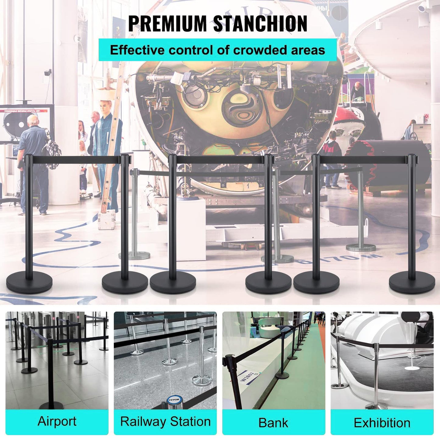 EliteEdge Crowd Control Stanchions, Stanchion Queue Post with Retractable Belts 6.5Ft, Easy Assembly, Crowd Control Barriers, Height 36 Inches, for Crowd Control Barriers, Pack of 2, Black