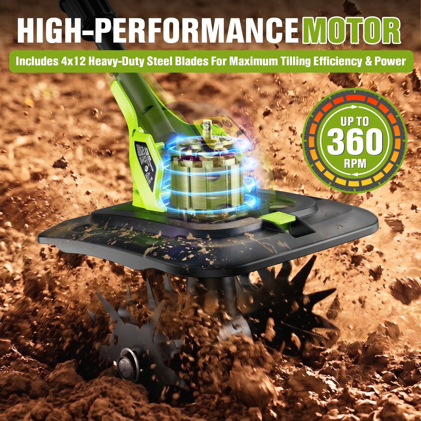 GOODJOB 20V Cordless Small Tiller with Two Batteries, 12.4LBs Feather-Light Cultivator for Seniors, 360 RPM High-Torque Rototiller with 48 Steel Tines (9" x 7") for Hard Clay