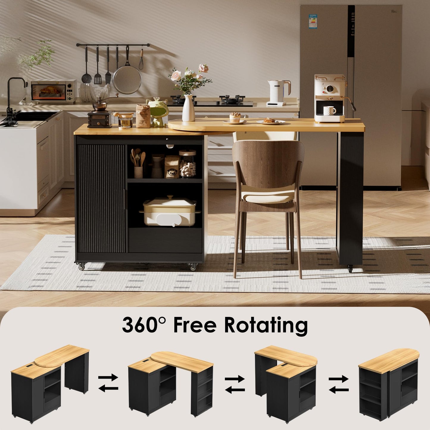 66'' Rolling Kitchen Island with 360° Swivel Tabletop Mobile Kitchen Island with Power Outlet Rotating Kitchen Islands with Storage Cabinets Wood Kitchen Island Table for Kitchen, Bar, Dining Room