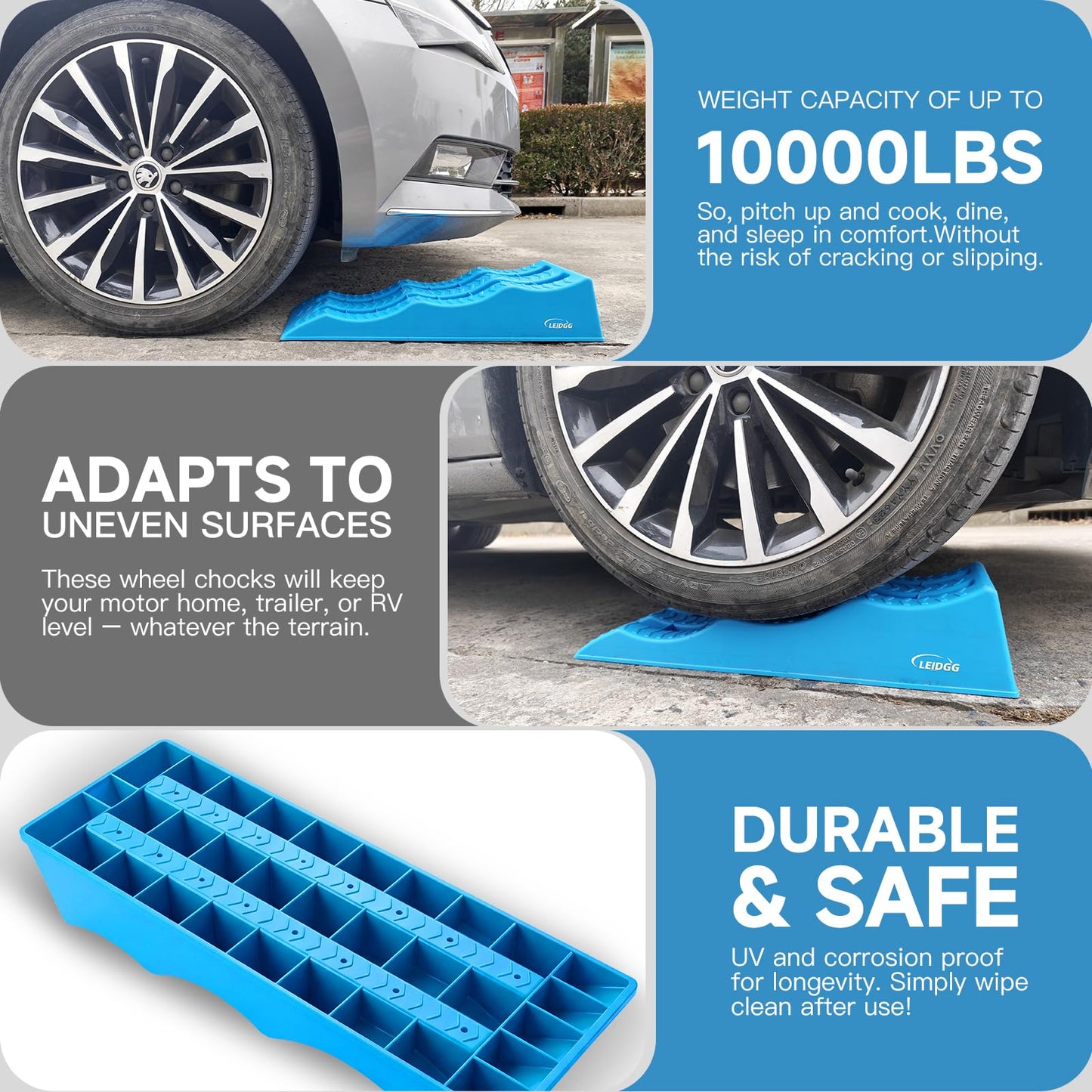 LEIDGG 2Pack 3-Tier Levelling Ramps for Campervans Heavy-Duty Anti-Skid RV Levelling Blocks Height Adjustable Vehicle Ramps for Cars, Trailer,Truck Up to 10000 LBS