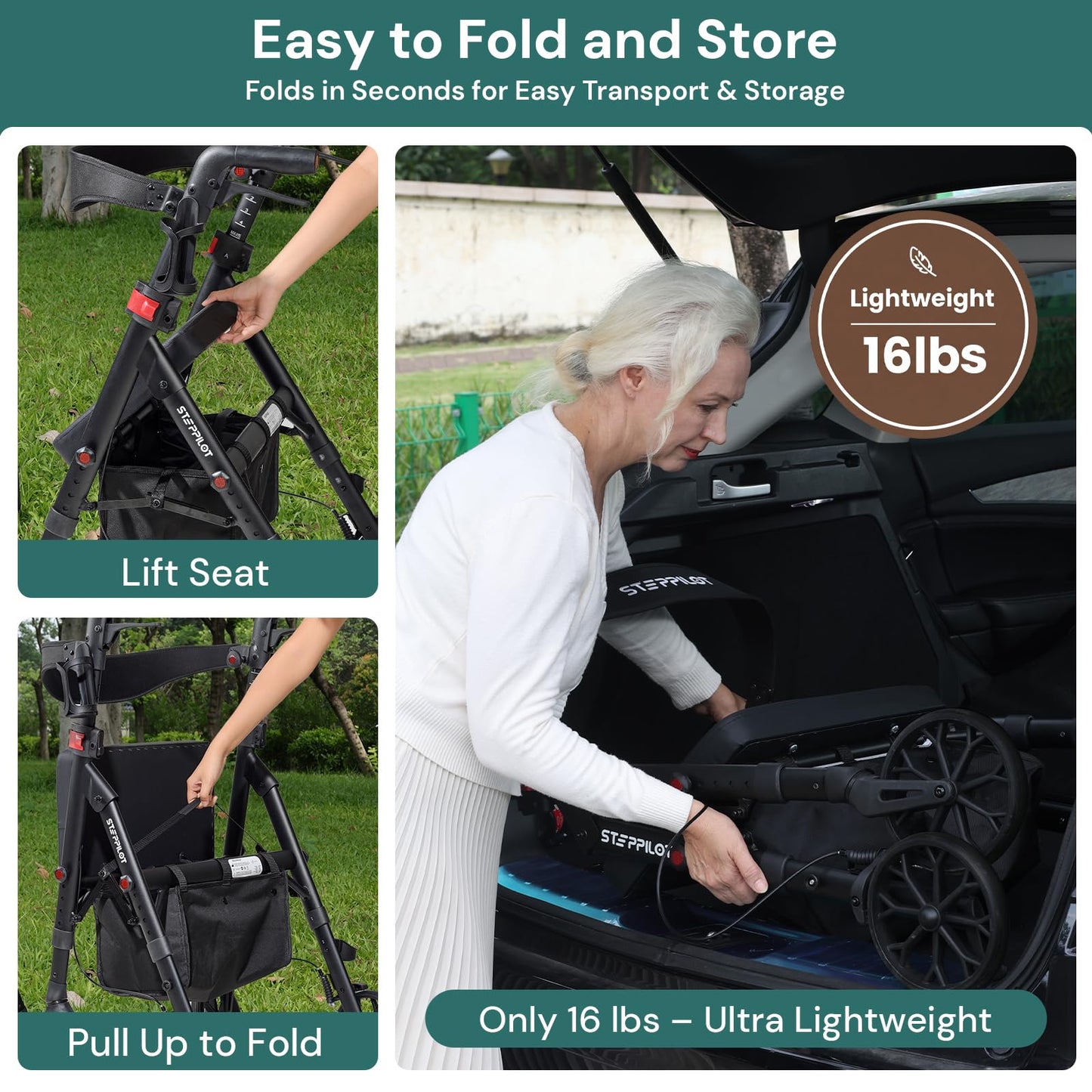 StepPilot Bariatric Rollator Walker with Seat for Seniors, 500lb Capacity Aluminum Frame, Zero Wobble, 16lb Lightweight, 8" All Terrain Wheels, 10-Level Adjustable Handle/Seat, Cup Holder, Cane Clip