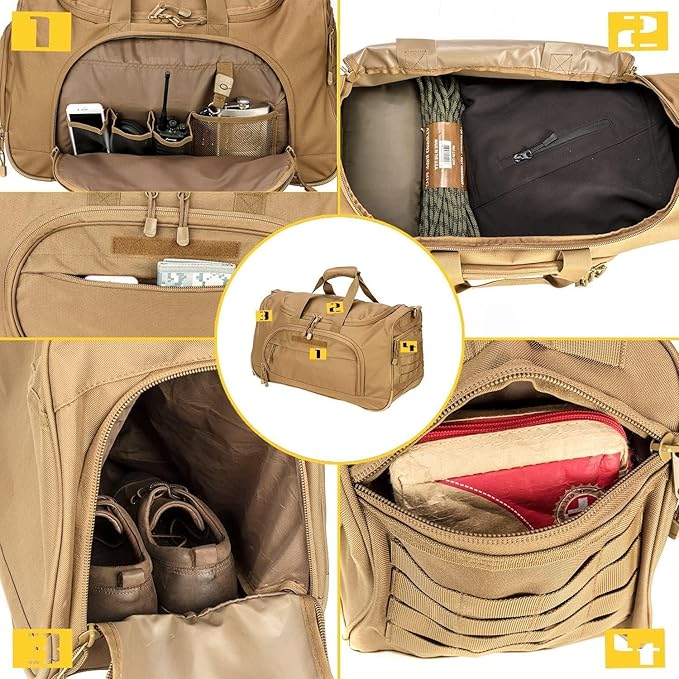 Gym Bag for Women & Men Tactical Duffle Military Weekender Work Out Lightweight Waterproof Sports Tote Shoe Pocket Tan