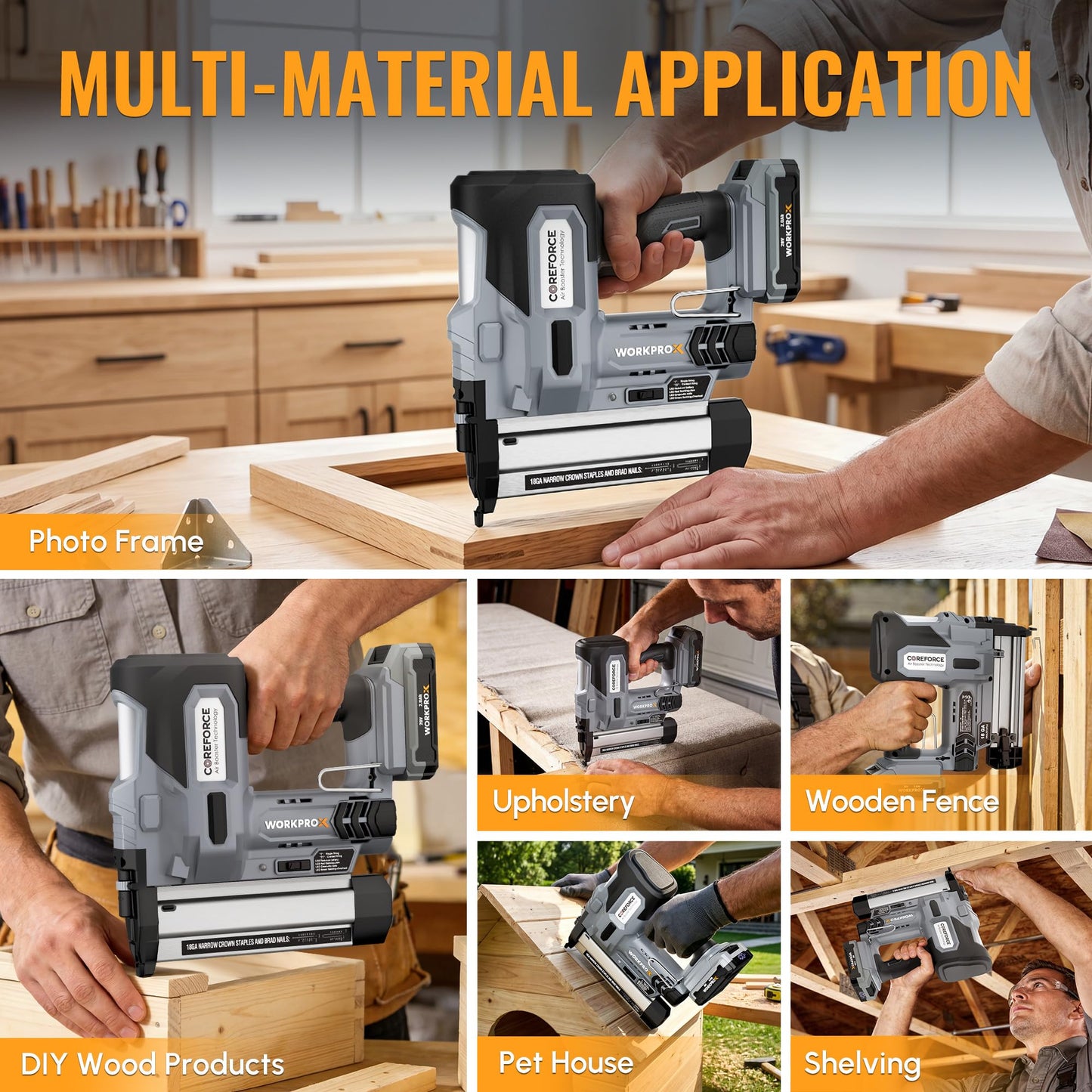WORKPROX 20V Cordless Brad Nailer kit, 18 Gauge 2-in-1 Nail & Staple Gun with 2.0Ah Rechargeable Battery, 1000 Staples & 1000 Nails, for Woodworking, Upholstery, DIY Projects & Home Improvement