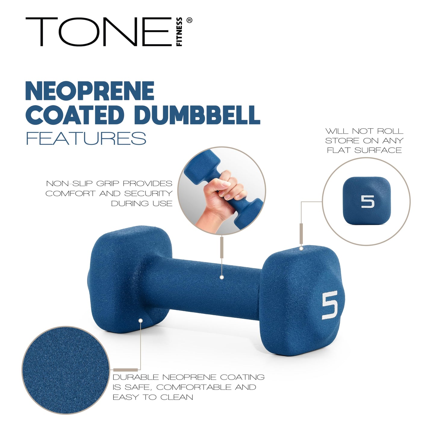 Tone Fitness 50 LB Neoprene Dumbbell Set with Storage Rack – Non-Slip, Anti-Roll Hand Weights for Home Gym Workouts - Mixed Colors | Purple, Blue and Black