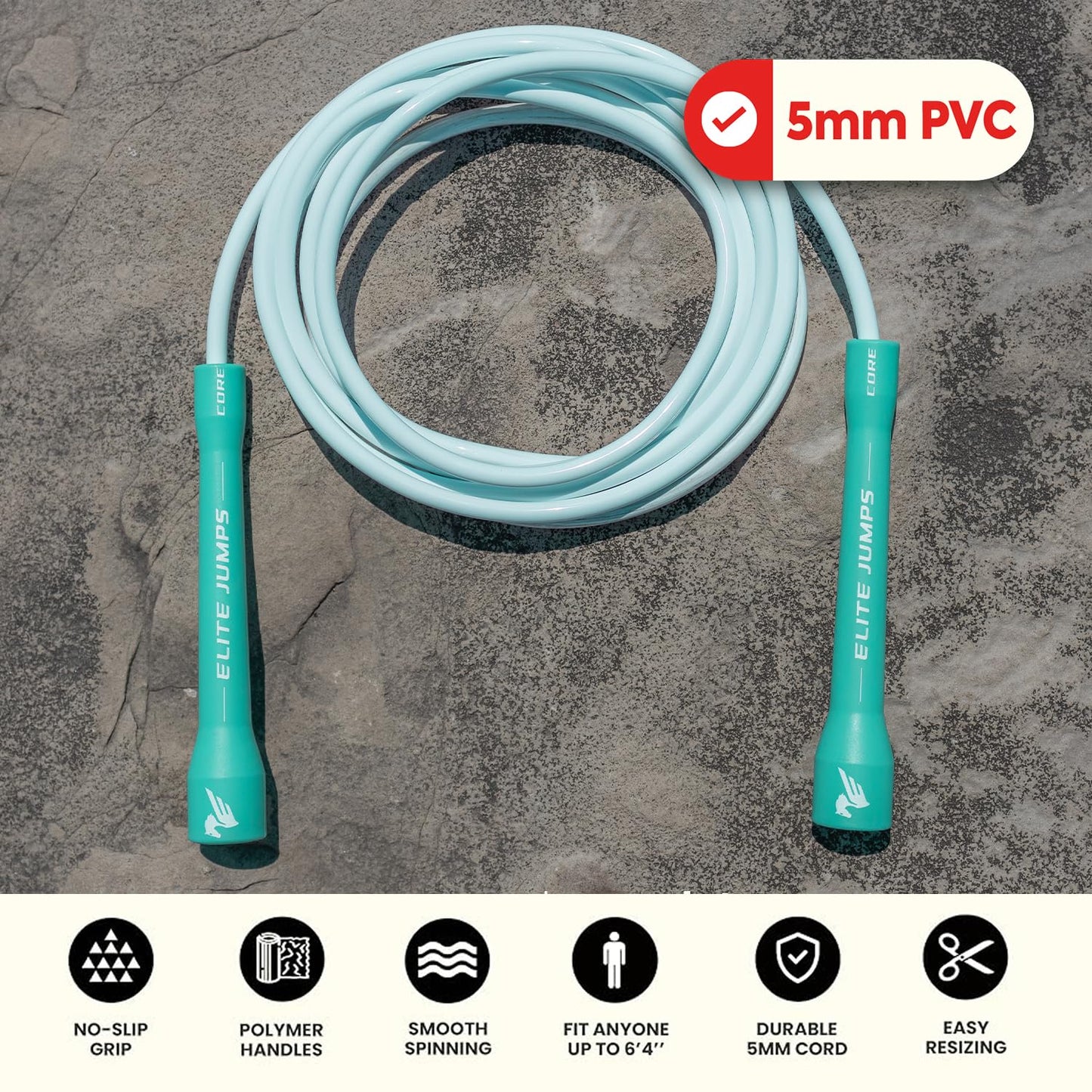 Elite Jumps Core Speed Jump Rope - 5mm PVC Fitness Skipping Rope for Boxing, Cardio & Training - Adjustable 10ft Length for All Heights, Durable Indoor/Outdoor Workout Equipment, Made in USA