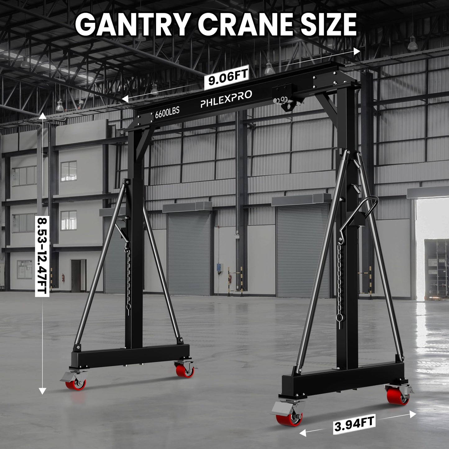 3 Ton Gantry Crane, 6600LBS Capacity, Adjustable Height 8.53 to 12.47ft with Triangle Base, Portable I-Beam Hoist for Factory, Warehouse, Auto Repair & Construction, Black