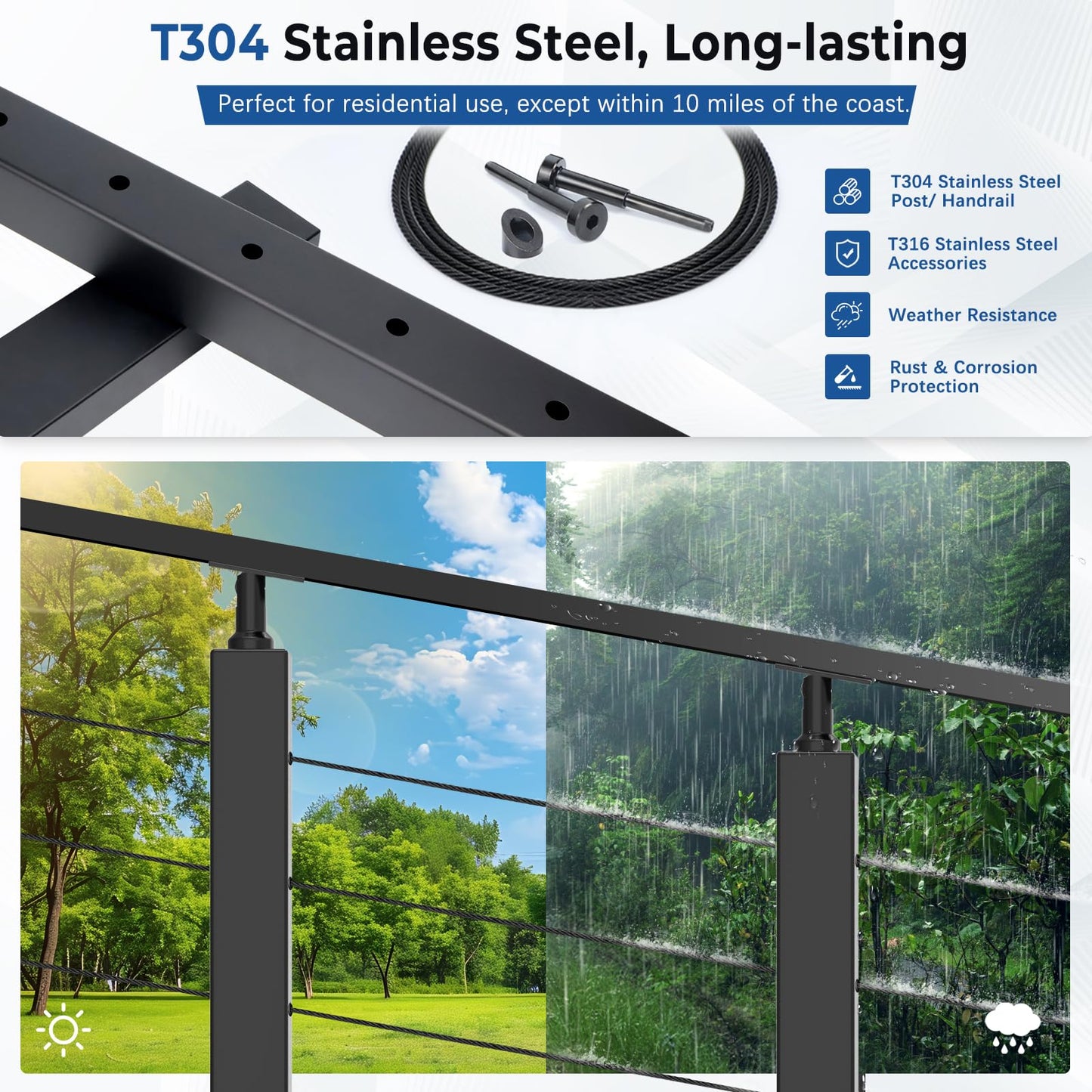 Zylorix 4ft-8ft Complete Set 36" Cable Railing System 33° Drilled with Cuttable Handrail, Modular Black T304 Stainless Steel Angled Stair Cable Railing Posts Kit for 28-38° Wood Concrete Stair