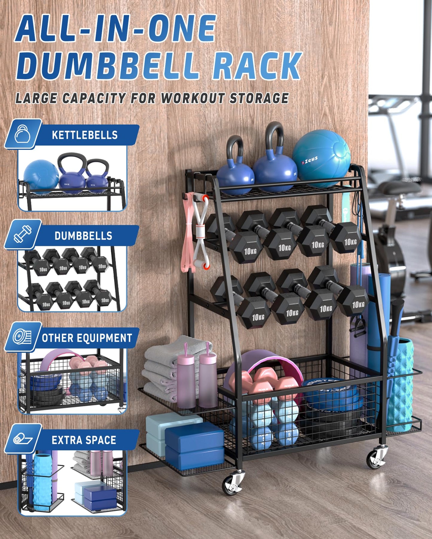 Staransun Staransun Dumbbell Rack Stand - Weight Rack for Dumbbells - Home Gym Storage Rack with 4 Flexible Wheels - Weight Rack for Home Gym with Side Storage and Hooks