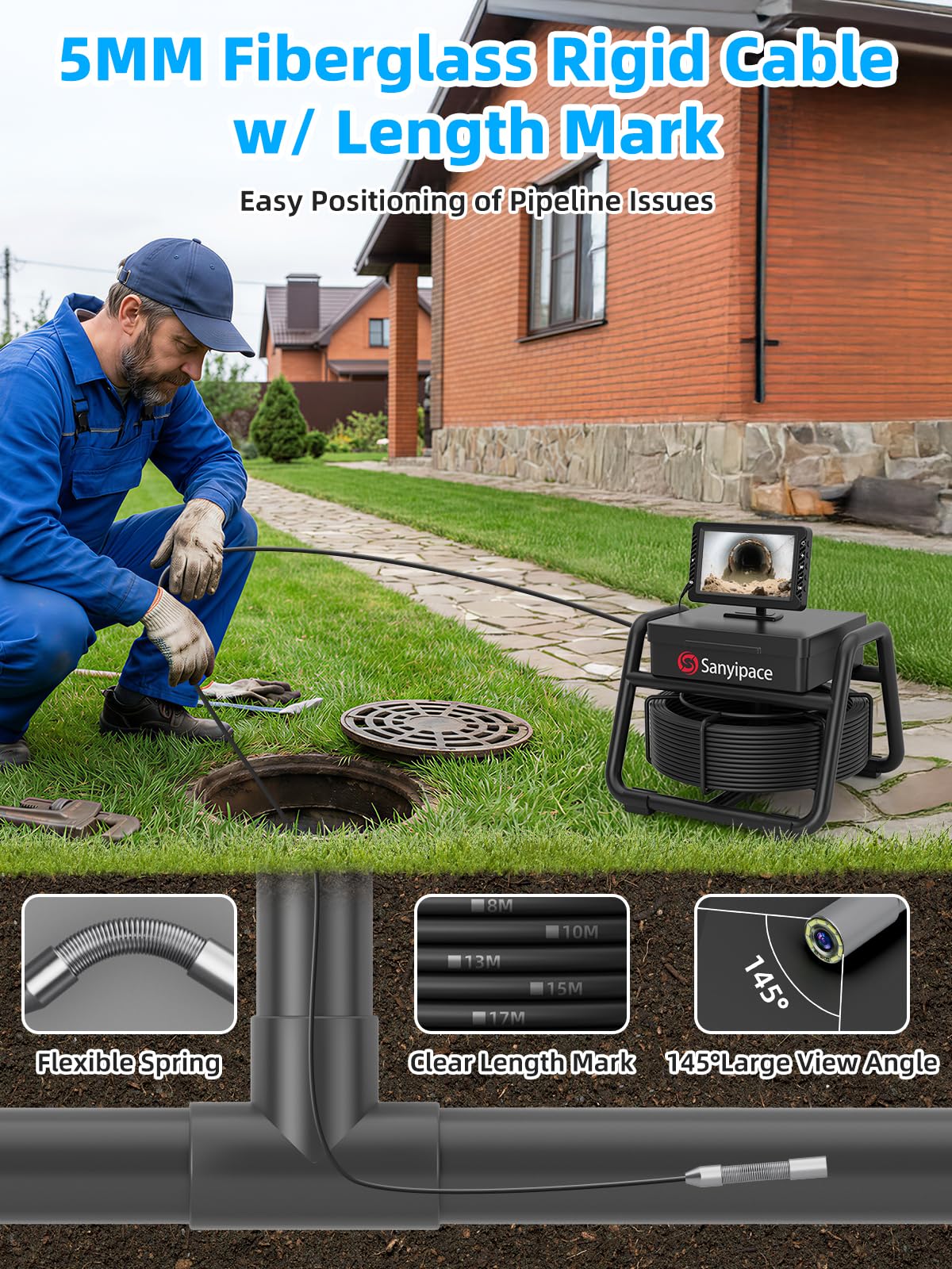Sanyipace Sewer Camera, 5" IPS HD Pipe Inspection Camera,Built-in 32GB DVR with Microphone and Speaker, 8 LED Lights,IP68 Waterproof Drain Camer for Sewer Line, Home, Duct Drain Pipe Plumbing