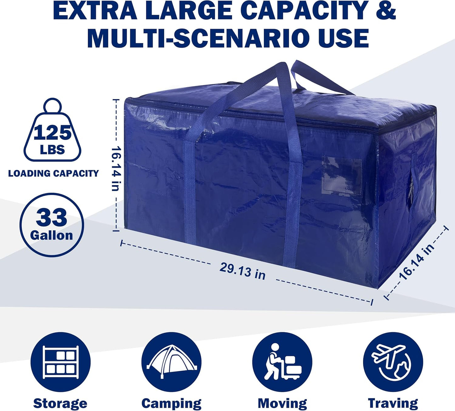 Skiennix Extra Heavy Duty Large Moving Bags - Strong Zipper & Handles | 33 Gallon, Dark Blue, 8 Pack
