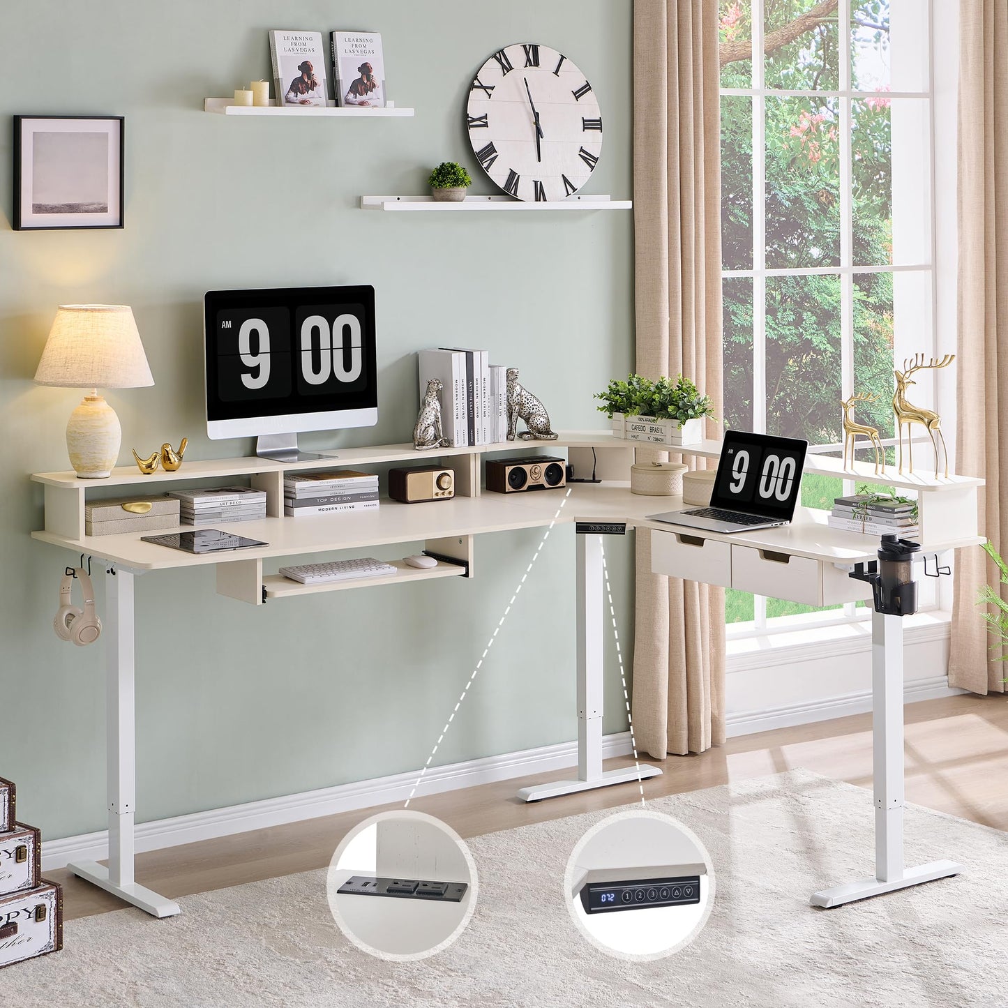 RedLemon 75X60 Inches L Shaped Electric Standing Desk, Height Adjustable Corner Gaming Desk with Drawers, Keyboard Tray, Power Outlets & LED Lights, Computer Desk with Monitor Shelf, Antique White