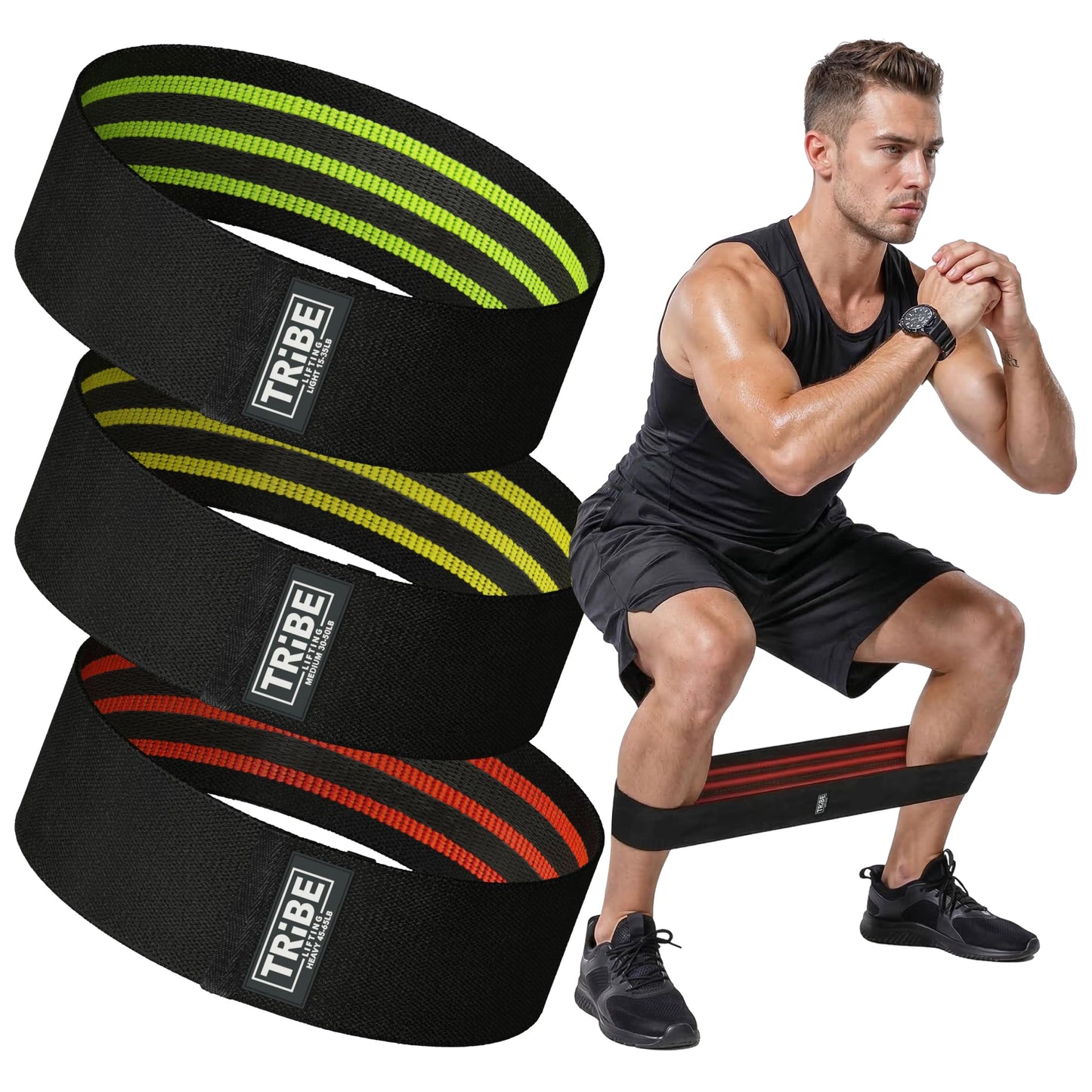 Tribe Lifting Resistance Bands for Working Out - 3 Pack Fabric Workout Bands for Women and Men - Booty Bands for Legs and Glute - Non Slip Exercise Bands Set for Squat Hip Thigh (Black)