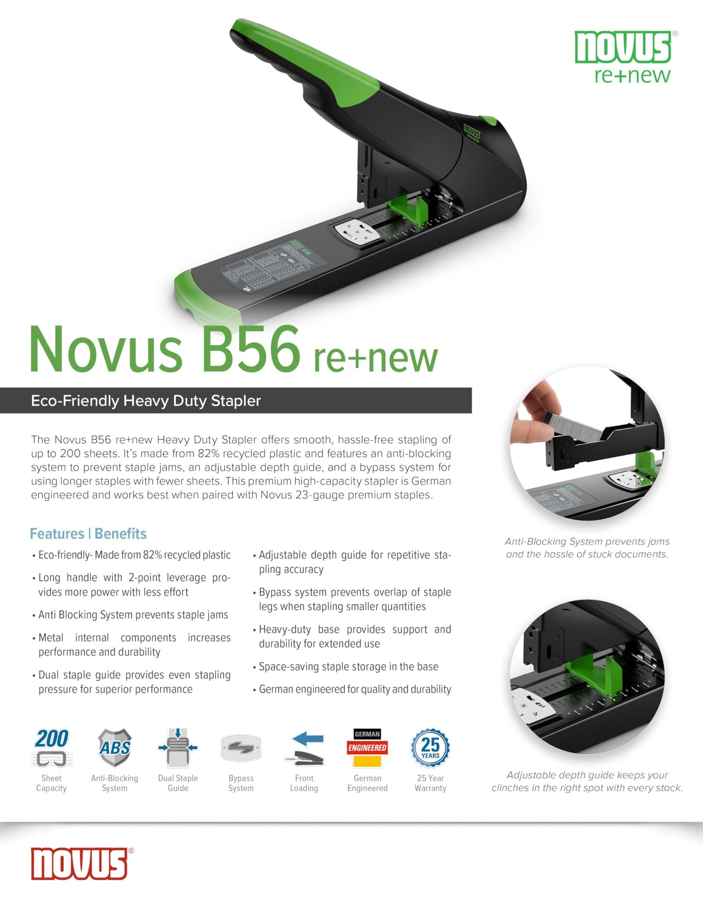 Novus B56 re+New Heavy Duty Stapler, 200 Sheet Capacity, Made of 82% Recycled Plastic, German Engineered, Adjustable Guide, 25 Yr. Warranty, Black (023-0066)