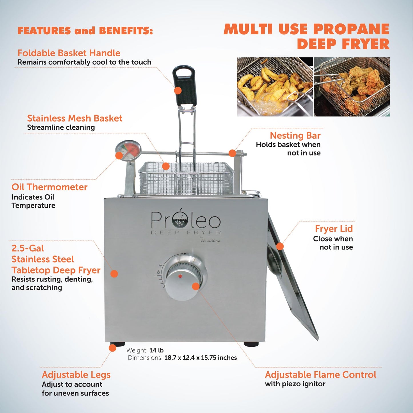 Flame King Proleo Tabletop Propane Deep Fryer with Oil Thermometer, 2.5 Gallons Capacity, with 5-FT Propane Regulator Hose