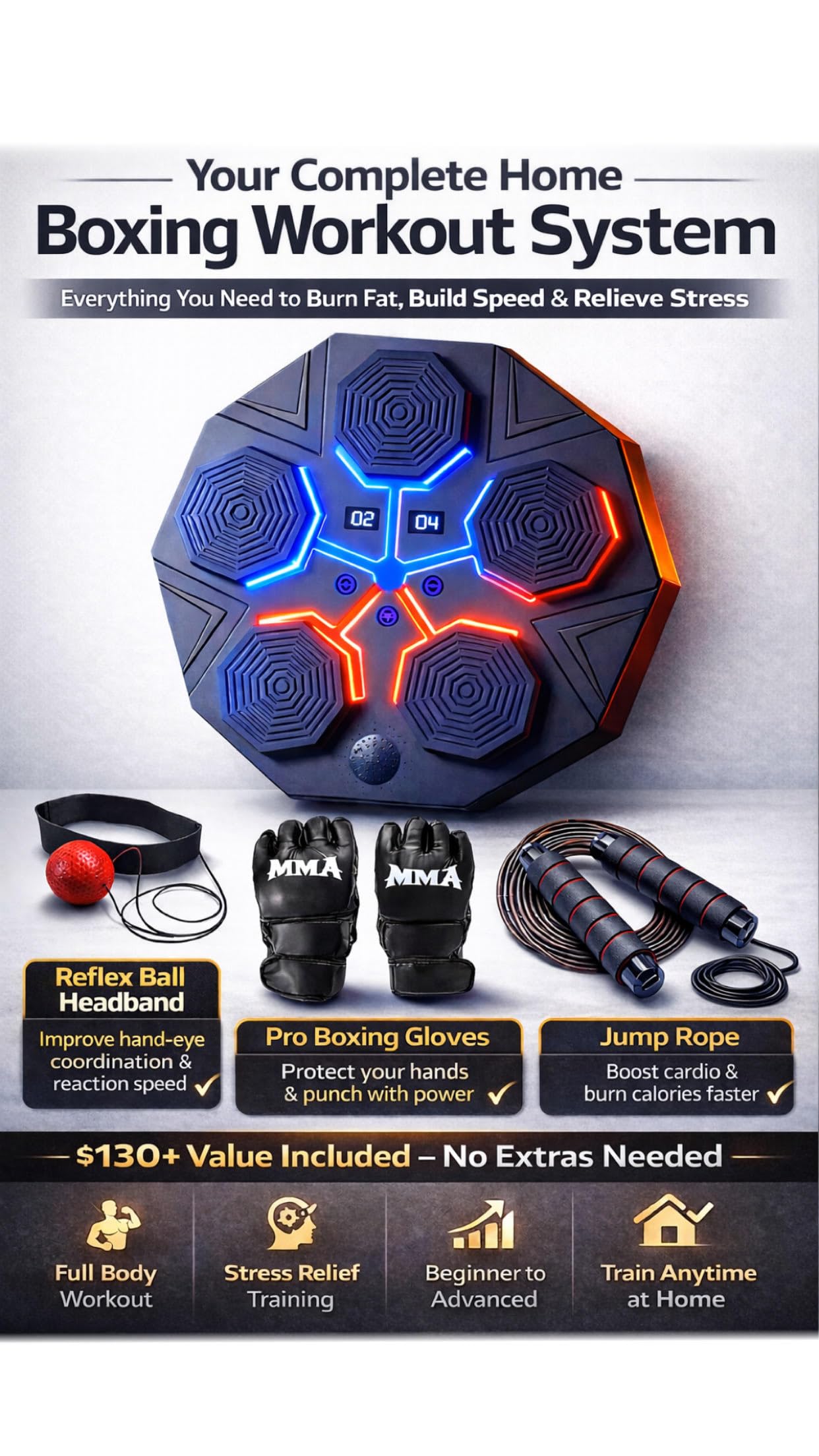 Music Boxing Machine for Adults, Bluetooth Wall Mounted Punching Machine, Interactive Boxing Trainer with LED Targets, Pro Boxing Gloves & Reflex Ball Headband, Home Gym Cardio Workout Training