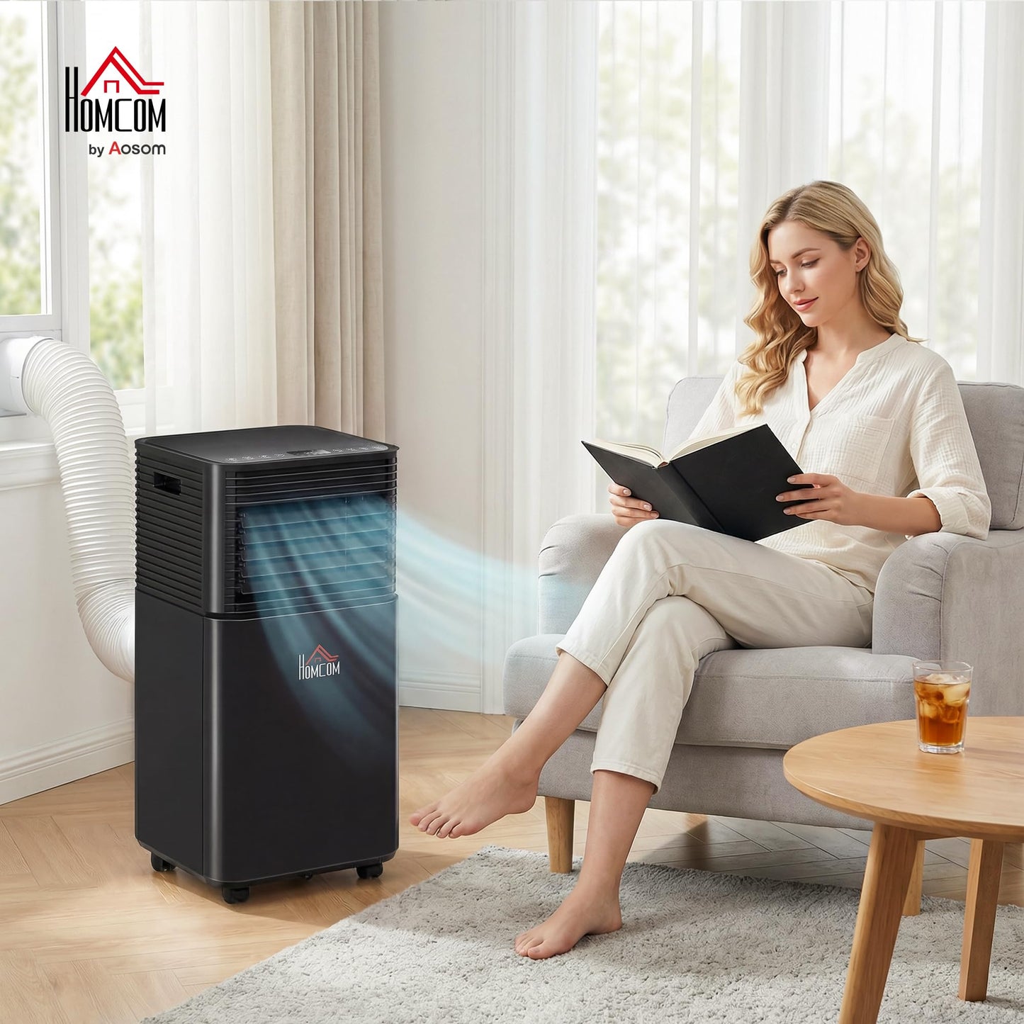 HOMCOM 10000 BTU Portable Air Conditioner for Rooms up to 441 Sq.Ft., 4-in-1 Mobile AC Unit with Dehumidifier, Cooling Fan, Sleep, Remote, 24H Timer, Auto Off, Window Installation Kit, Black