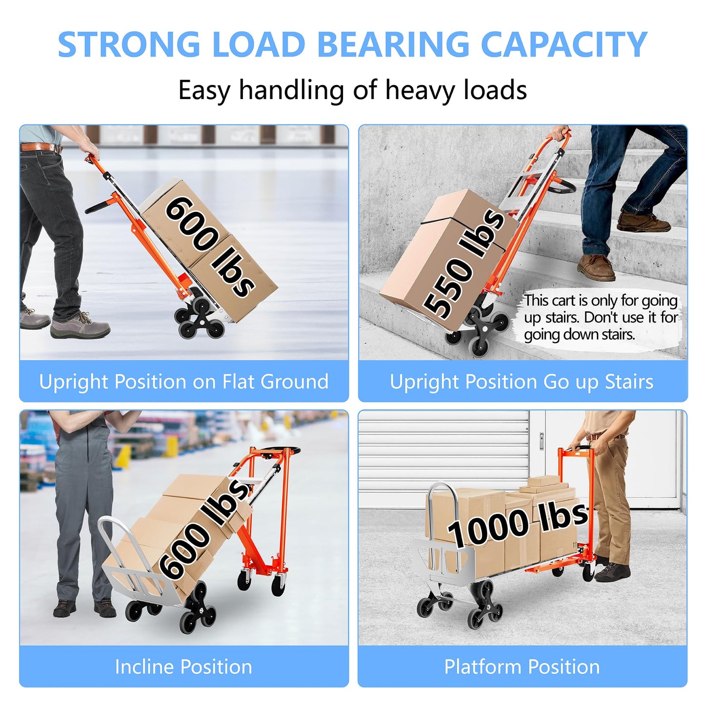 4 in 1 Industrial Convertible Stair Climbing Cart 1000 LBS Capacity, Heavy Duty Aluminum Hand Truck Dolly Cart with Solid Wheel, Folding Stair Climbing Cart Trolley for Transport Logistics Moving