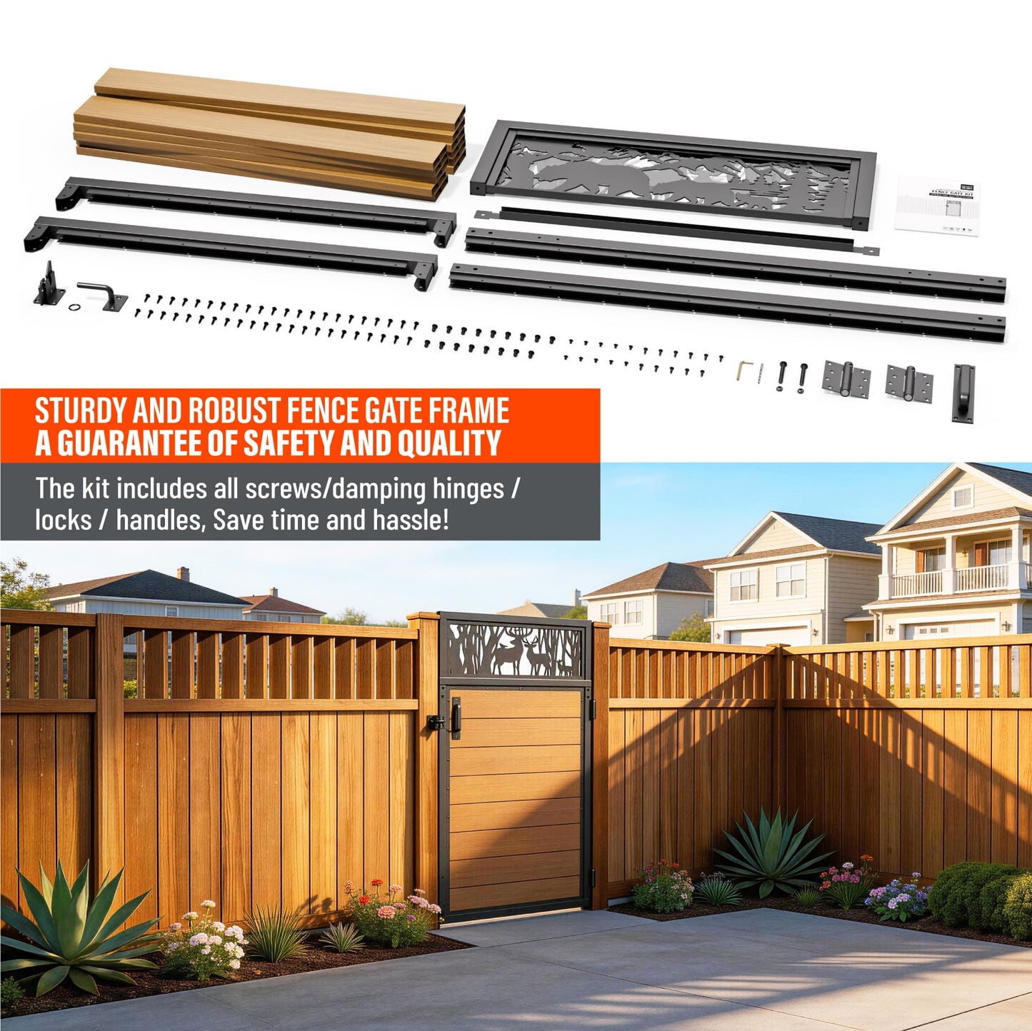Uphode 3x5FT(34.8" x 59") 201 Stainless Steel Fence Gate Kit Heavy Duty, Anti Sag Metal Fence Gate Frame Kit with Aluminum Board, Morden Garden Gate Hardware Kit Outdoor (Left/Right Free-Installation)