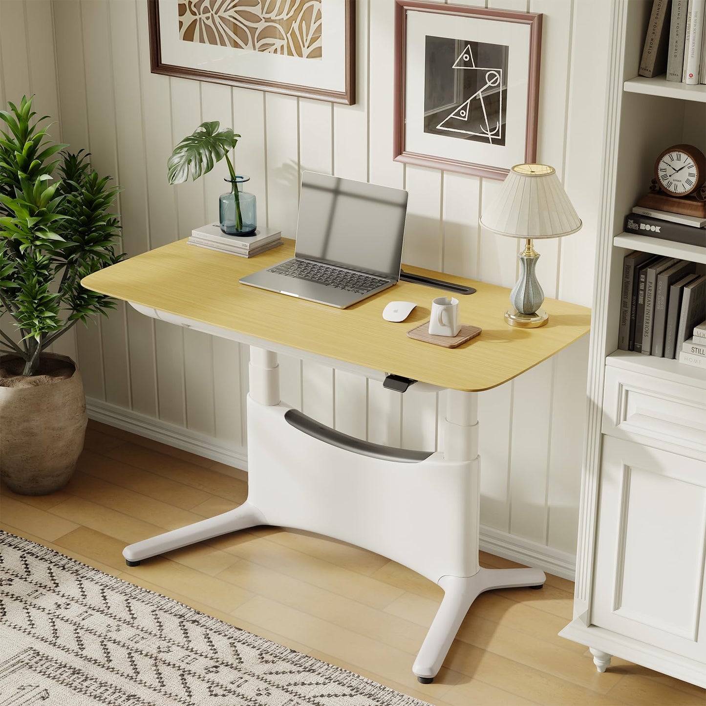 COLAMY Electric Adjustable Standing Desk – 48 x 28 Inch Sit Stand Desk with Drawer & Cable Management, Dual Motor Lift System, Ergonomic Footrest, Home Office Table (Veneer Desktop, Oak + White)