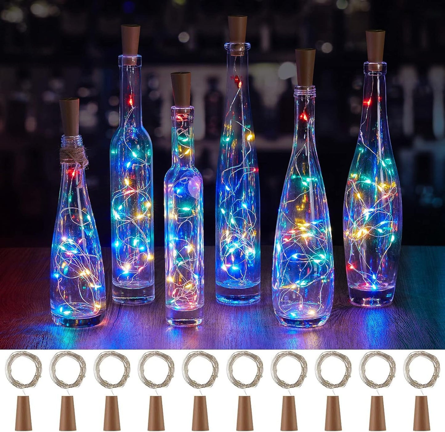 Skiennix Wine Bottle Lights - 10 Pack 20 LED Waterproof Cork Twinkle Lights | Silver Wire Mini Fairy Lights for DIY Party Décor