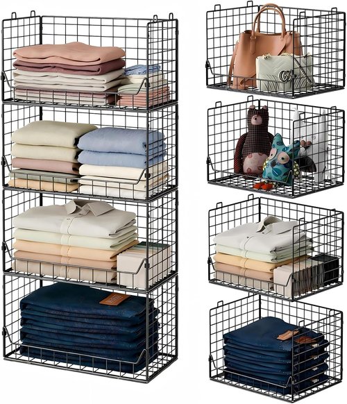 Jakyitvi 4-Tier Stackable Closet Organizer - Foldable Storage Bins for Clothes & Accessories - Sturdy Iron Mesh Shelves - Black