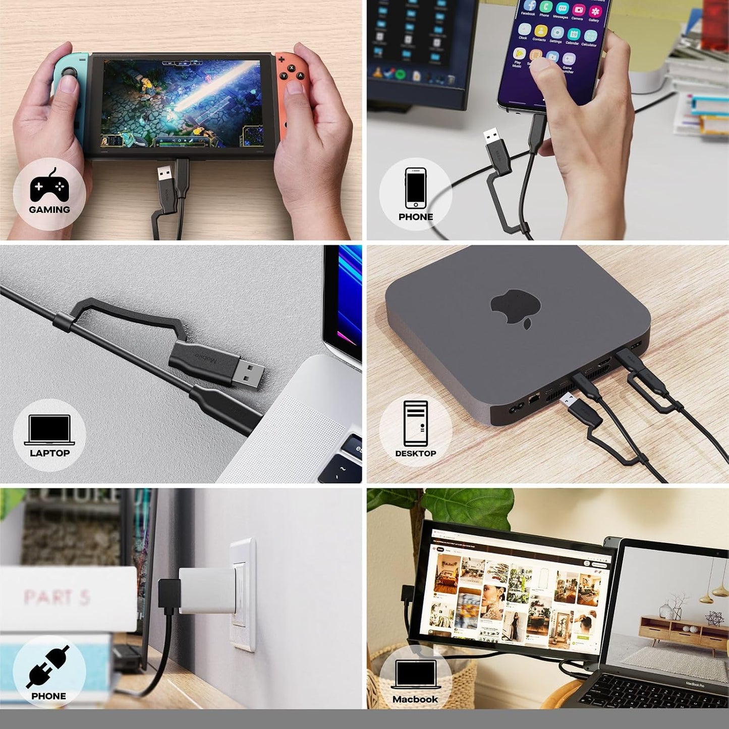 2-in-1 3A/5.0 (3ft, MP Mobile Pixels Cable, Laptop Monitor Cable, Right Angle USB A/C Cables, Gbps Durable, Flexible