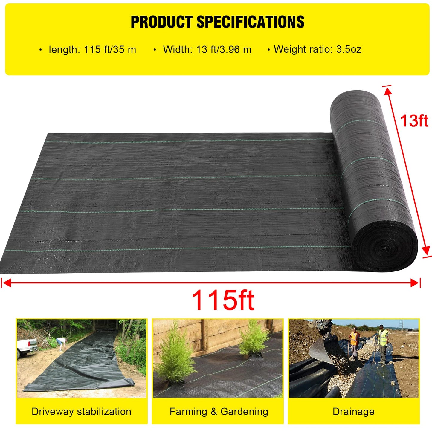 Driveway Fabric, 13x115 ft Road Fabric Commercial Weed Barrier Fabric, Landscape Fabric Heavy Duty 3.5OZ French Drain Fabric for Erosion Control,Landscape Fabric,Weed Barrier,Construction Projects