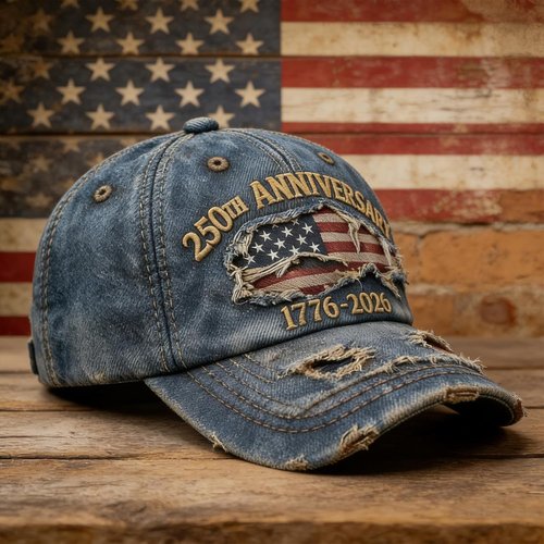 250th Anniversary USA Hat - Ripped Denim Baseball Cap for Men & Women | Celebrate America's Heritage