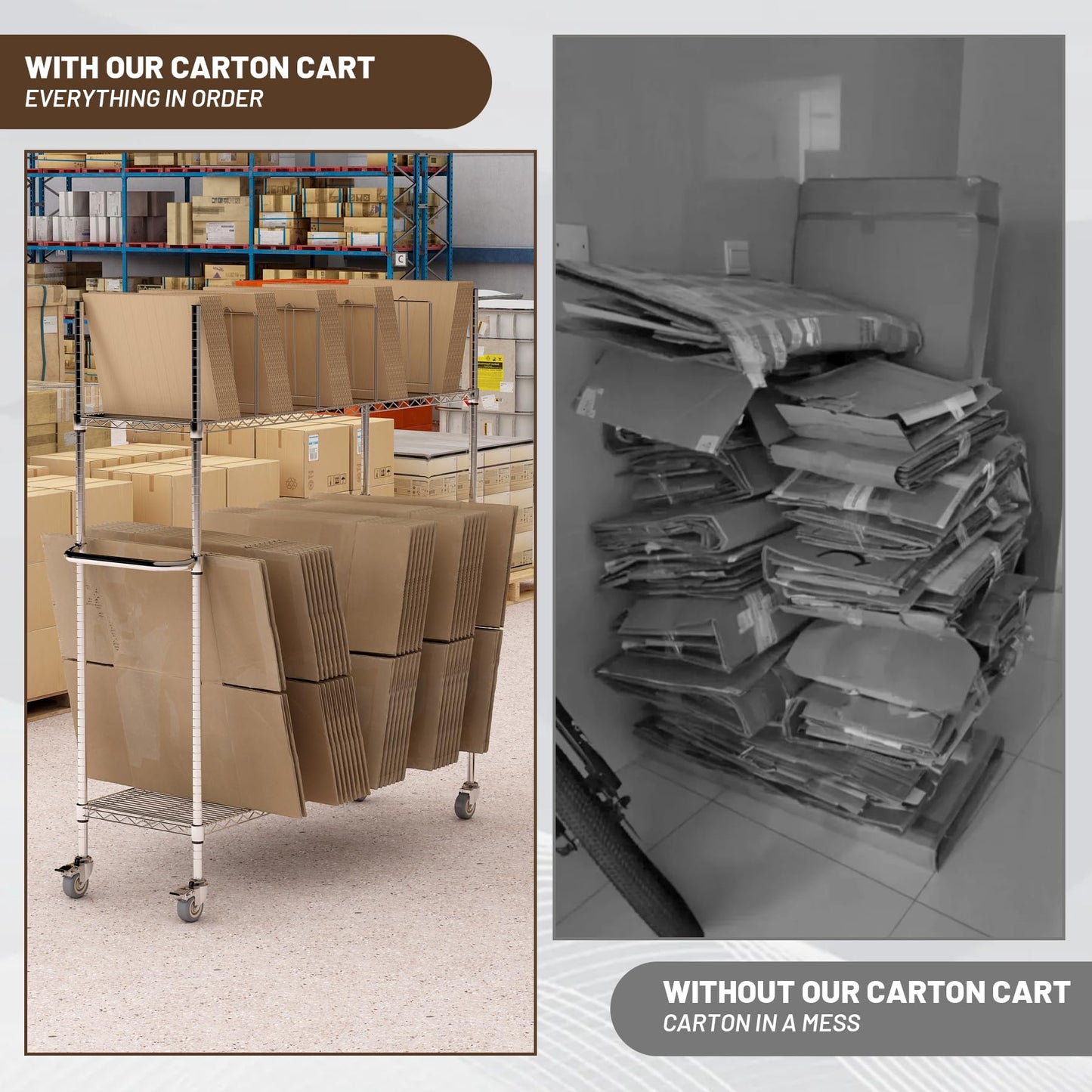biosplot Wire Carton Cart, 2-Tier Carton Stand Unit, 60" x 18" x 69",400 Lb. Capacity, Portable Storage Rack with Wheels & Dividers, Metal Cardboard Box Rack for Home Supermarket Warehouse Commercial
